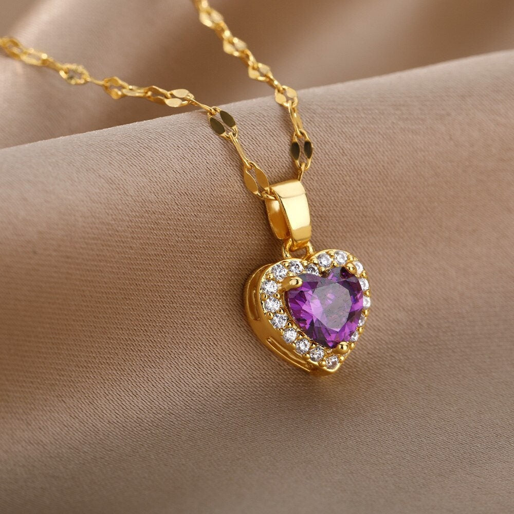 Punk Purple Crystal Heart Pendant, 18K Gold Layered Necklace, Gothic Dainty Minimalist Jewelry, Delicate Handmade for Women, Gift for Her