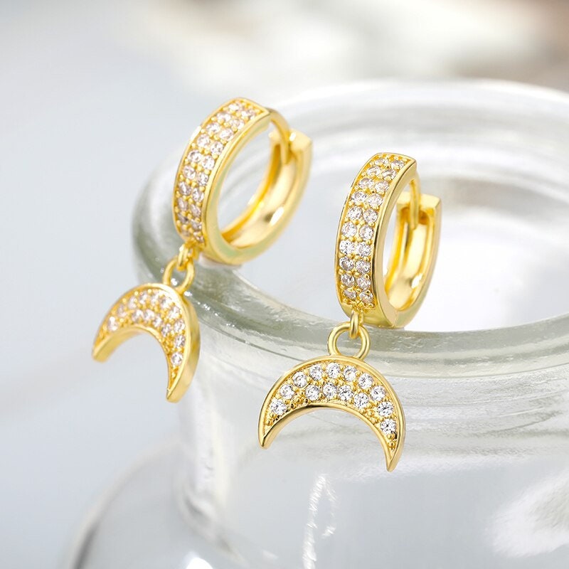Boho Crystal Moon Charm , 18K Gold Everyday Earrings, Dainty Minimalist Jewelry, Delicate Handmade  for Women, Gift for Her