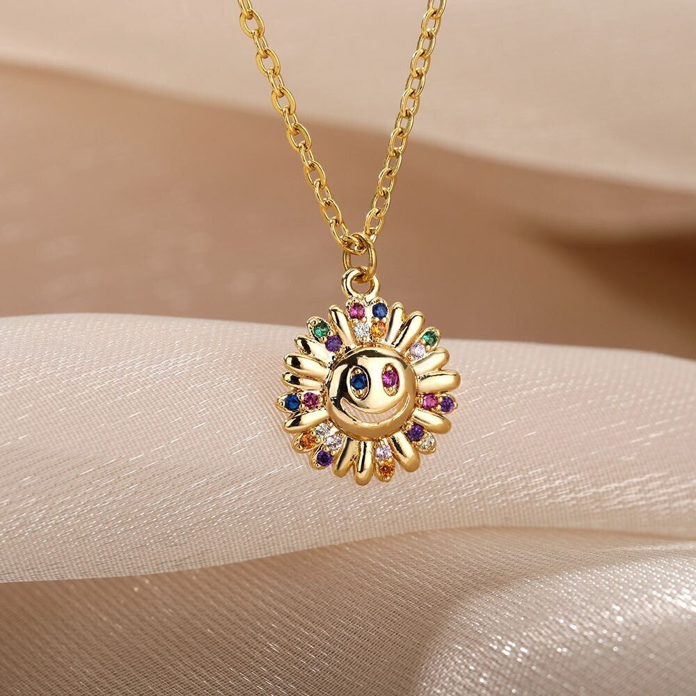 Boho Happy Sunflower Pendant, 18K Gold Layered Yogi Necklace, Dainty Minimalist Jewelry, Delicate Handmade for Women, Gift for Her