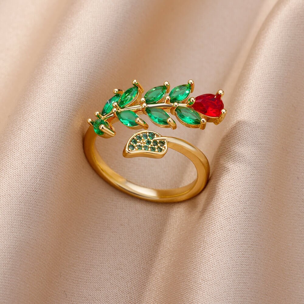 Boho Red Rose Vine Charm, 18K Gold Yogi Stackable Ring, Dainty Minimalist Jewelry, Delicate Handmade for Women, Gift for Her