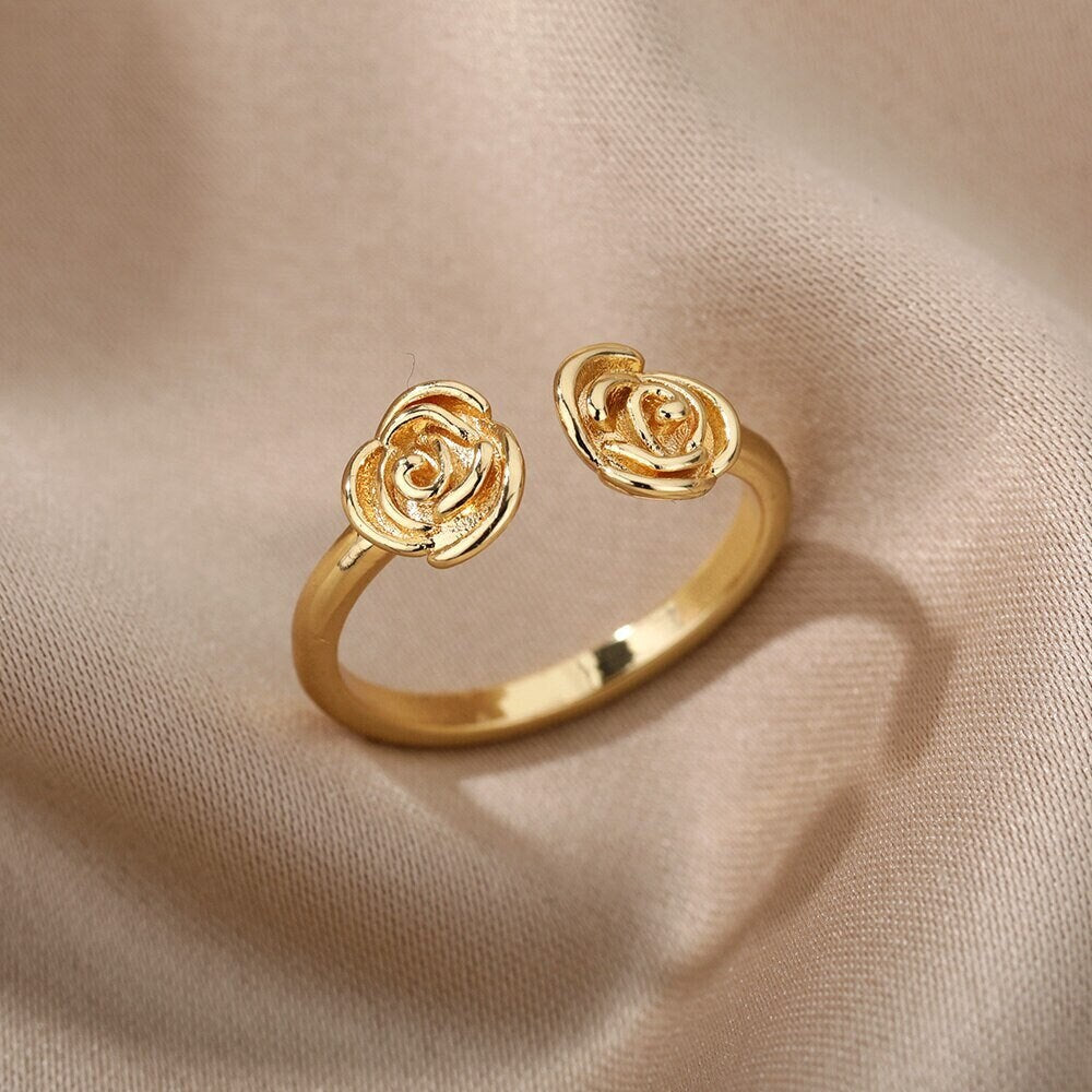 Punk Boho Rose Flower Charm , 18K Gold Gothic Stackable Ring, Dainty Minimalist Jewelry, Delicate Handmade for Women, Gift for Her
