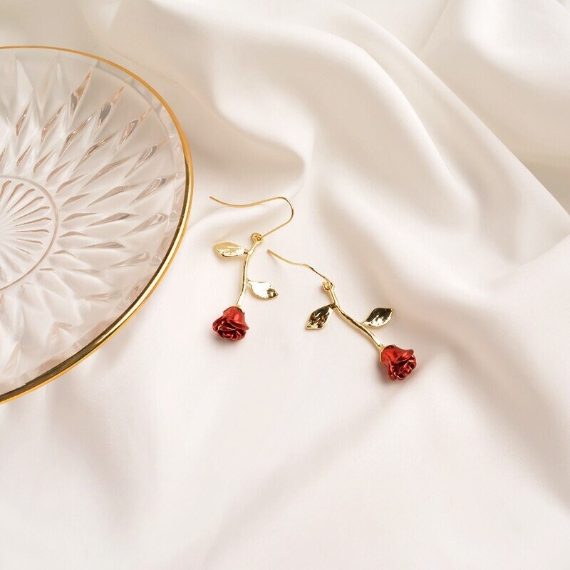 Boho Rose Flower Drop Dangle, 18K Gold Everyday Earrings, Dainty Minimalist Jewelry, Delicate Handmade  for Women, Gift for Her