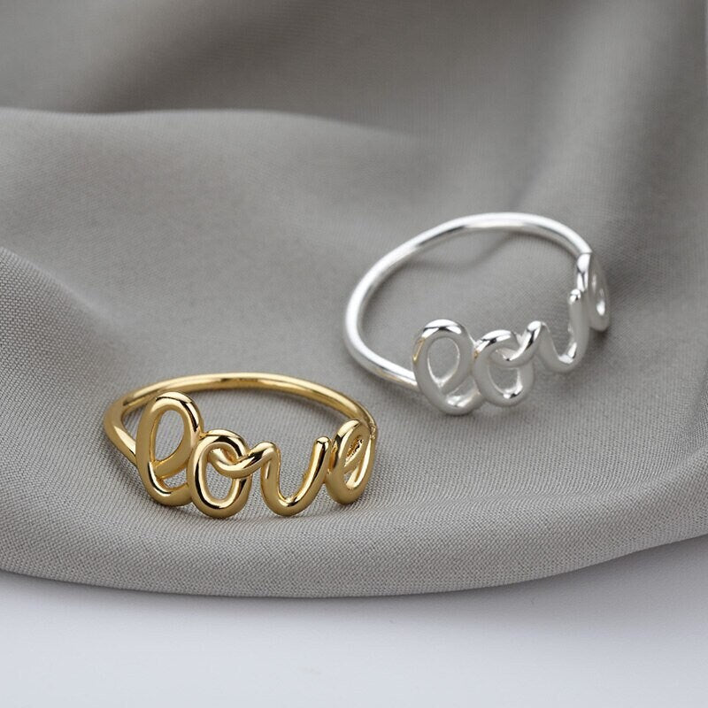 Punk Cute Love Script, 18K Gold Gothic Stackable Ring, Dainty Minimalist Jewelry, Delicate Handmade for Women, Gift for Her