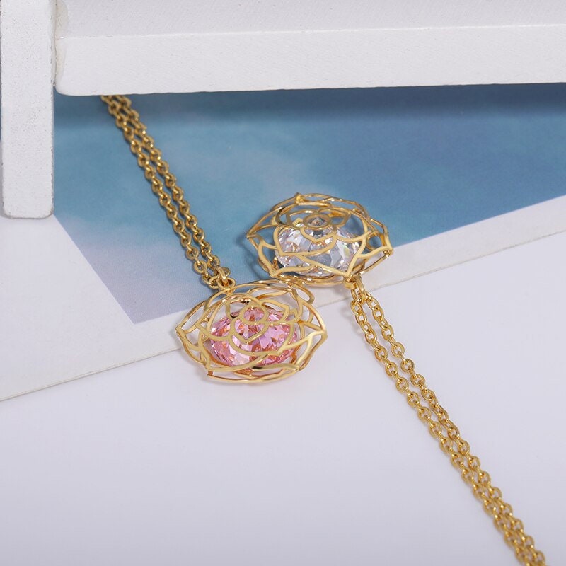 Boho Crystal Charm Flower Rose Pendant, 18K Gold Layered Yogi Necklace, Dainty Minimalist Jewelry, Delicate Handmade for Women, Gift for Her