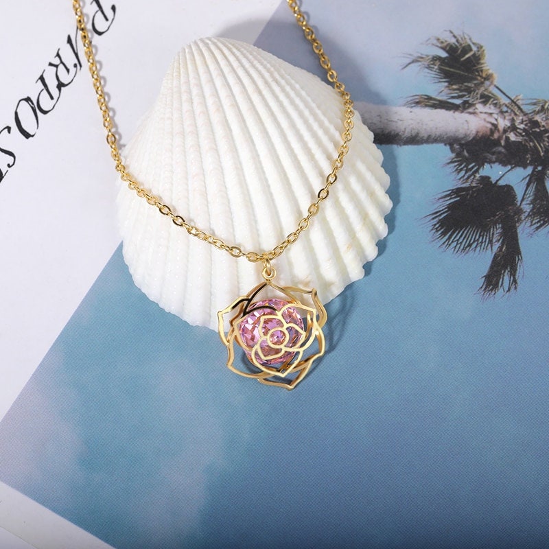 Boho Crystal Charm Flower Rose Pendant, 18K Gold Layered Yogi Necklace, Dainty Minimalist Jewelry, Delicate Handmade for Women, Gift for Her