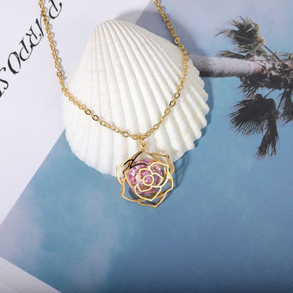 Boho Crystal Charm Flower Rose Pendant, 18K Gold Layered Yogi Necklace, Dainty Minimalist Jewelry, Delicate Handmade for Women, Gift for Her