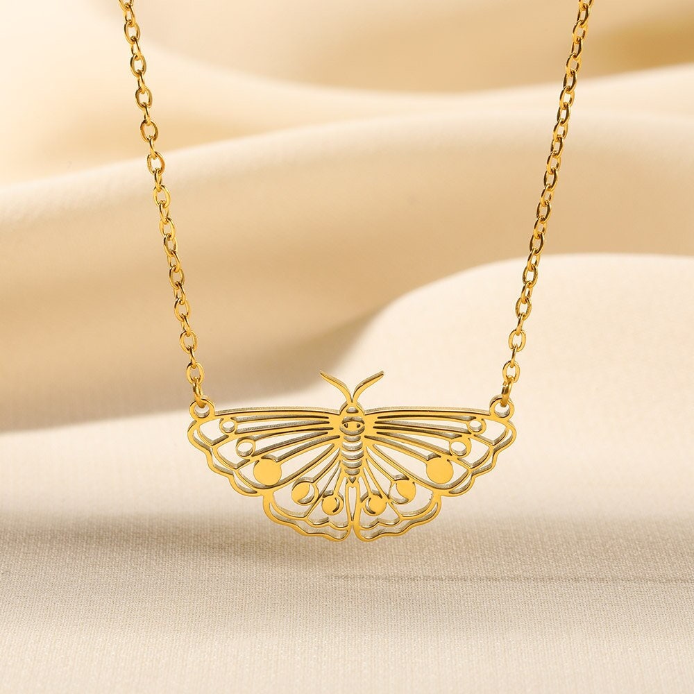 Punk Night Moth Pendant, 18K Gold Layered Necklace, Gothic Dainty Minimalist Jewelry, Delicate Handmade for Women, Gift for Her