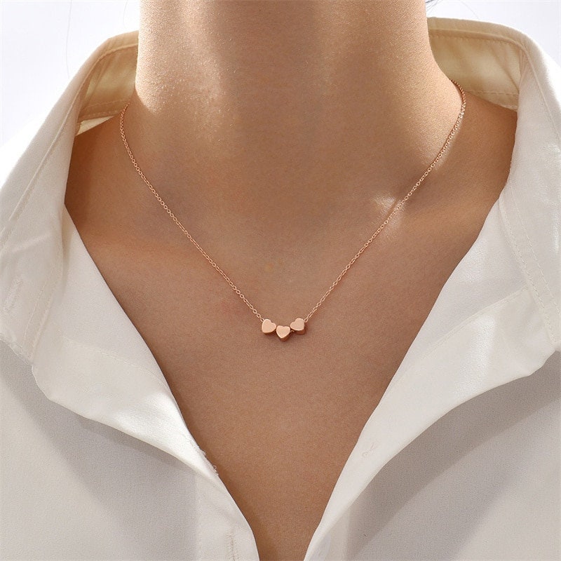 Boho Cute Triple Heart Charm Pendant, 18K Gold Layered Yogi Necklace, Dainty Minimalist Jewelry, Delicate Handmade for Women, Gift for Her