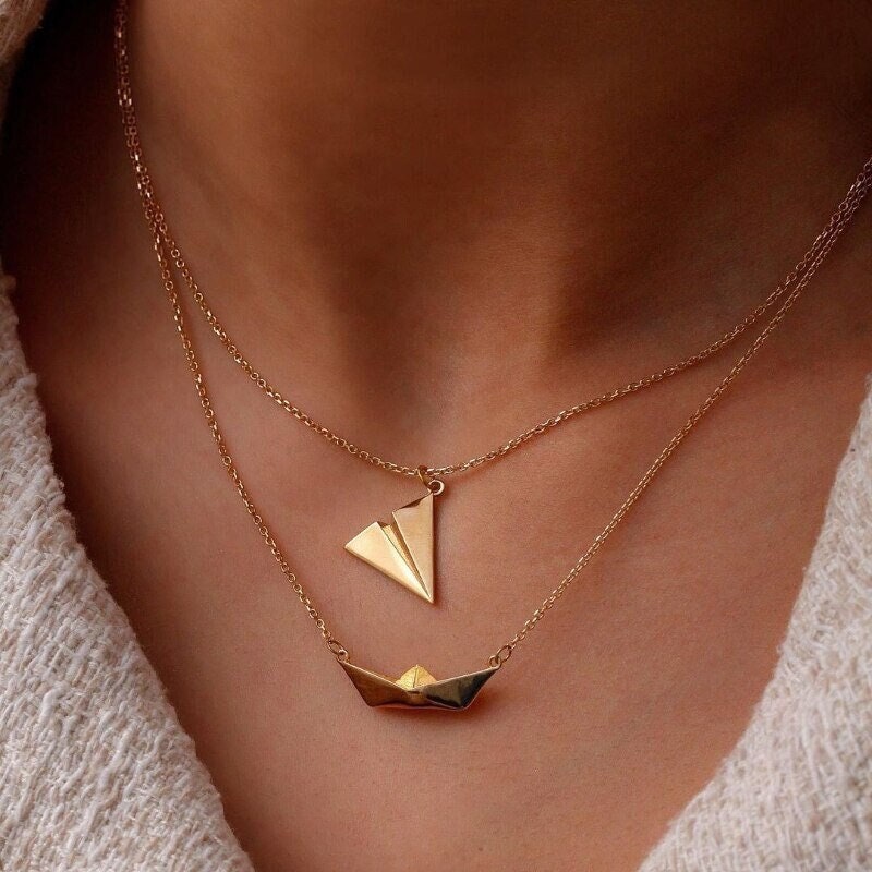 Paper Plane Boat Necklace, Origami Plane Boat Pendant, 18K Gold Necklace, Dainty Minimalist Jewelry, Delicate Handmade, Gift for Her