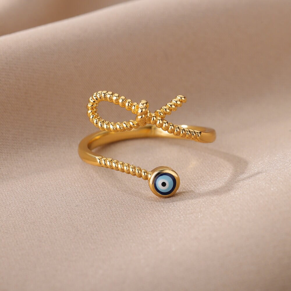 Gold Evil Eye Rope Ring, Evil Eye Twist Ring, 18K Gold Gothic Stackable, Dainty Minimalist Jewelry, Punk Delicate for Women, Gift for Her