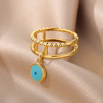 Evil Eye Dangle Ring, Gold Link Evil Eye Ring, 18K Gold Gothic Stackable, Dainty Minimalist Jewelry, Punk Delicate for Women, Gift for Her