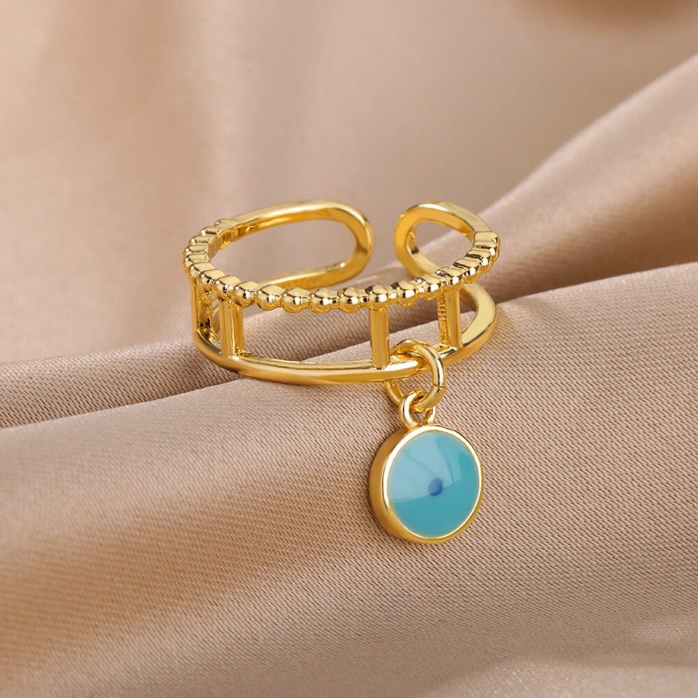 Evil Eye Dangle Ring, Gold Link Evil Eye Ring, 18K Gold Gothic Stackable, Dainty Minimalist Jewelry, Punk Delicate for Women, Gift for Her