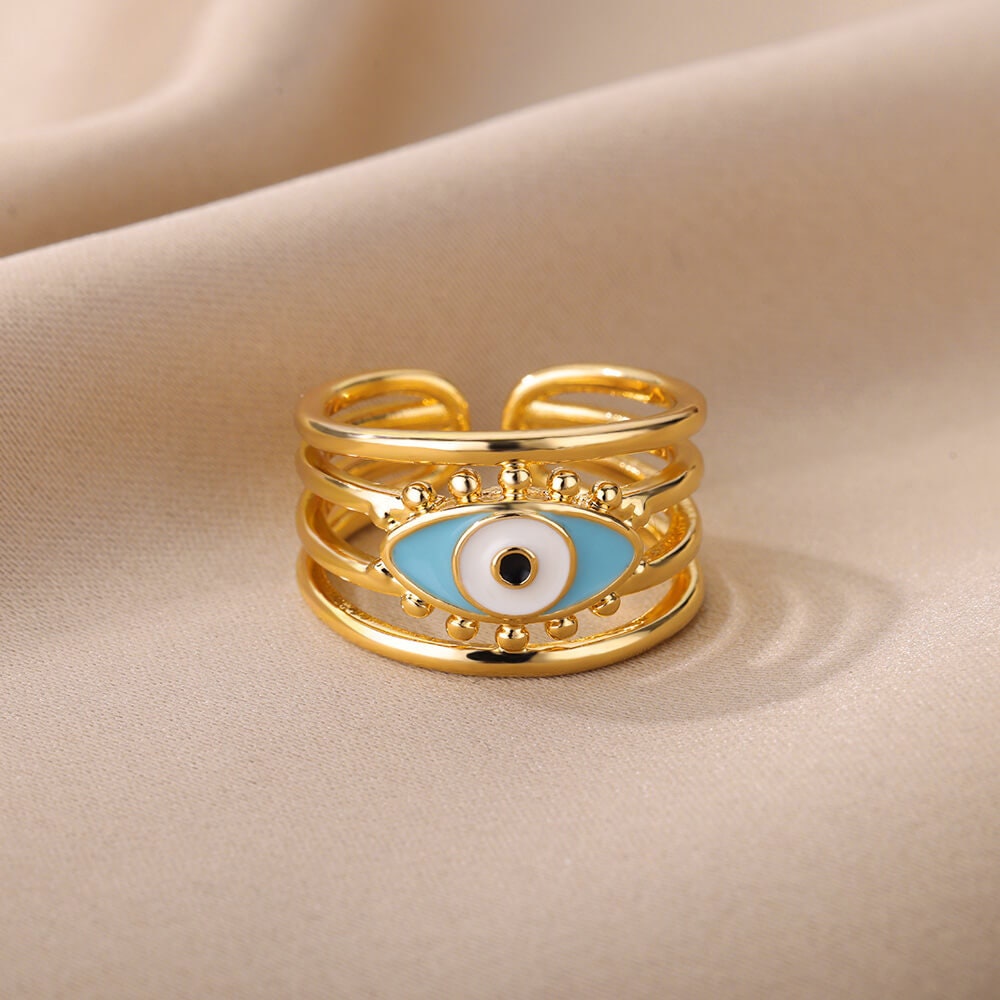 Gold Evil Eye Open Ring, Evil Eye Enamel Ring, 18K Gold Gothic Stackable, Dainty Minimalist Jewelry, Punk Delicate for Women, Gift for Her
