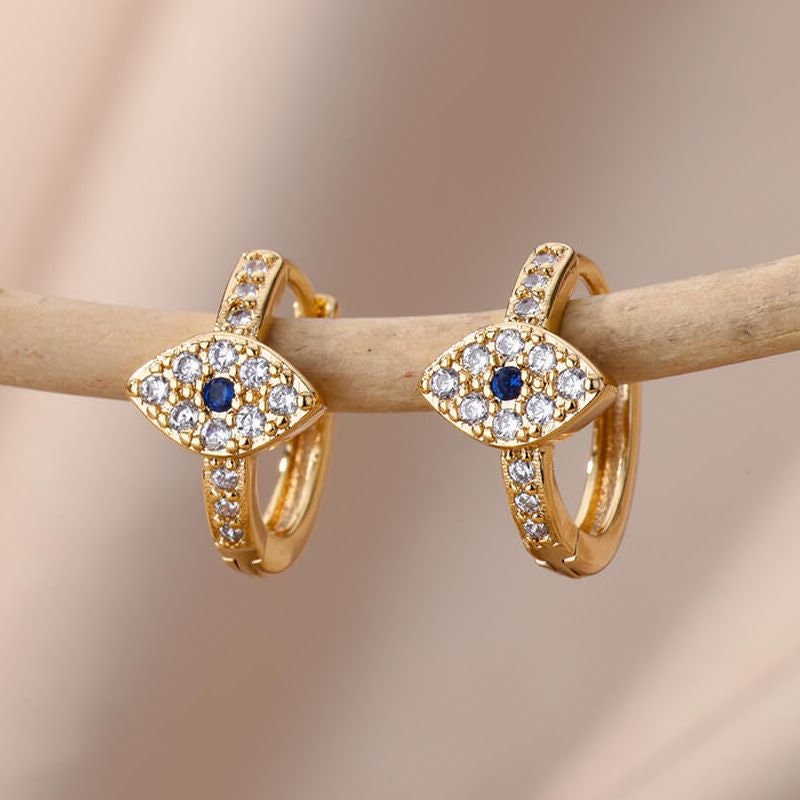 Crystal Evil Eye Earrings, Gold Evil Eye Earrings, 18K Gold Everyday Earrings, Dainty Minimalist, Punk Gothic for Women, Gift for Her