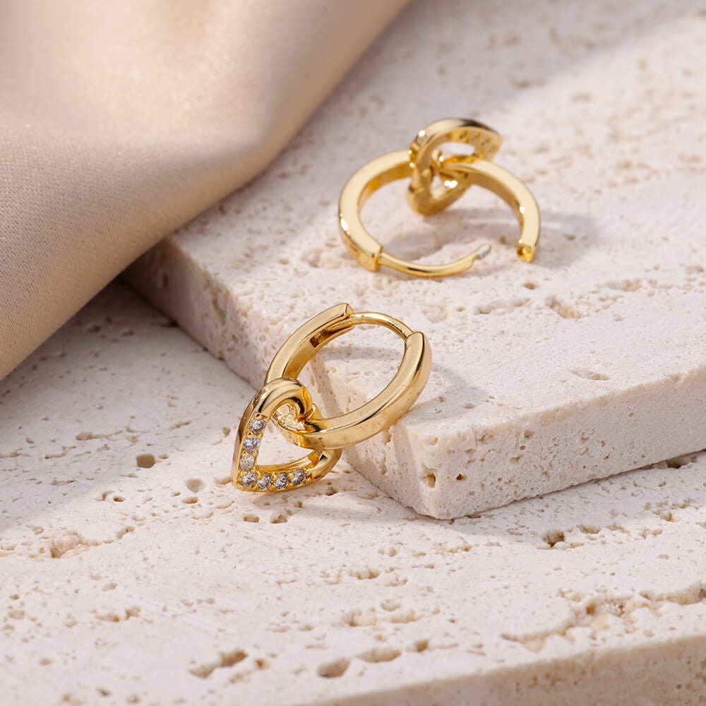 Gold Heart Hoop Earrings, Heart Dangle Earrings, 18K Gold Everyday Earrings, Dainty Minimalist, Cute Delicate for Women, Gift for Her