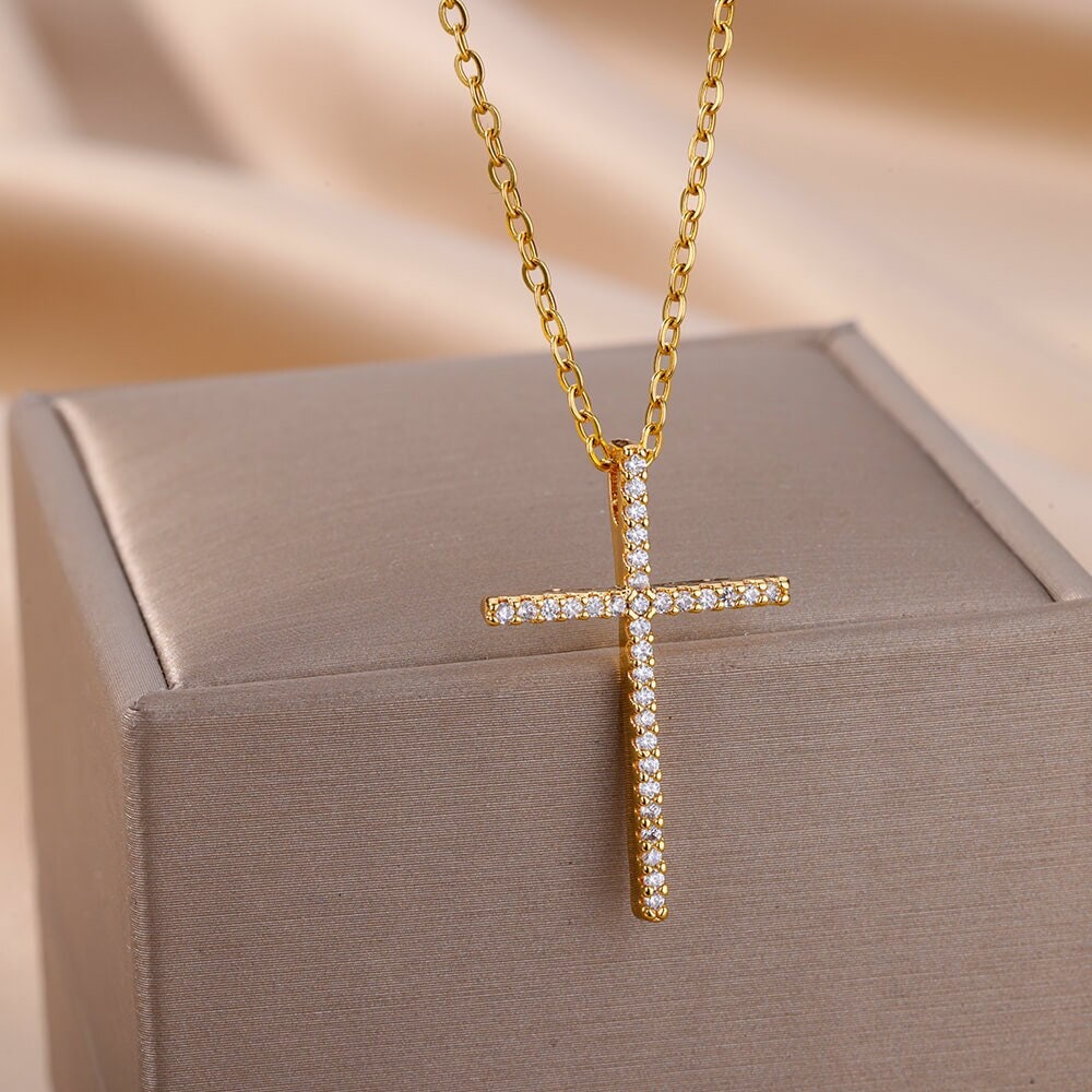 Gold Jesus Cross Necklace, 18K Gold Cross Cubic Zirconia Pendant, Christian Cross, Religious Catholic Jewelry for Women, Gift for Her