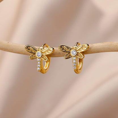Dragonfly Cubic Zirconia Earrings, Dragonfly Crystal Stud Earrings, 18K Gold Earrings, Dainty Minimalist, Delicate for Women, Gift for Her
