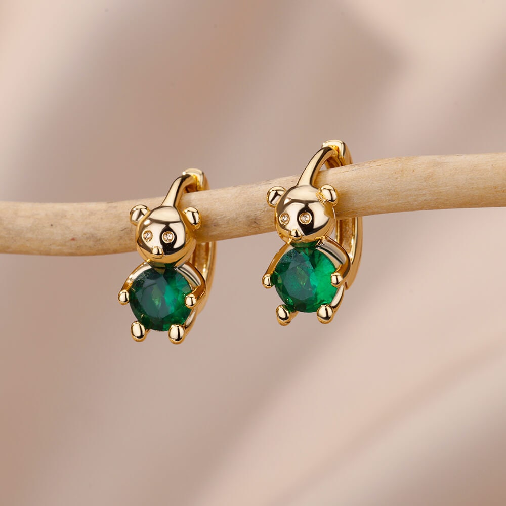Panda Green Cubic Zirconia Earrings, Panda Bear Crystal Stud Earrings, 18K Gold Earrings, Dainty Minimalist, Delicate Women, Gift for Her