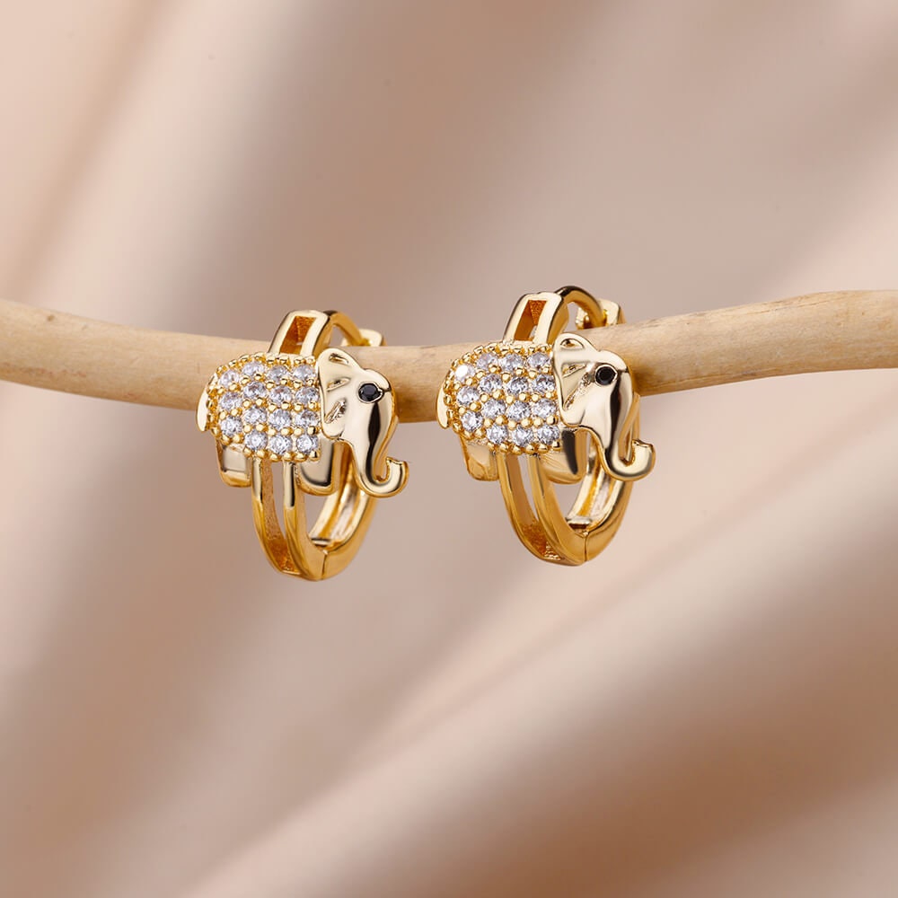Elephant Cubic Zirconia Earrings, Elephant Crystal Hoop Earrings, 18K Gold Earrings, Dainty Minimalist, Delicate Women, Gift for Her