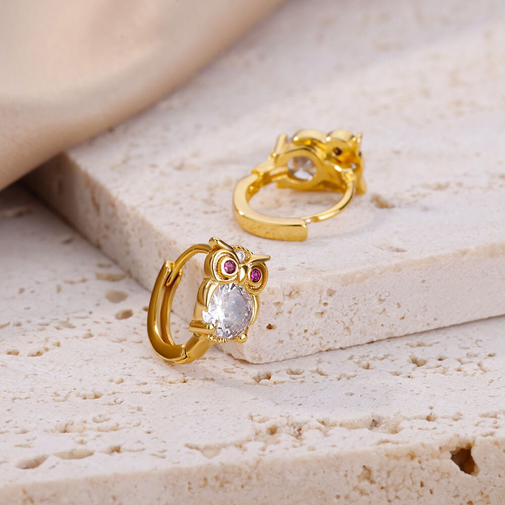 Owl Cubic Zirconia Stud Earrings, Wise Owl Crystal Hoop Earrings, 18K Gold Earrings, Dainty Minimalist, Delicate Women, Gift for Her