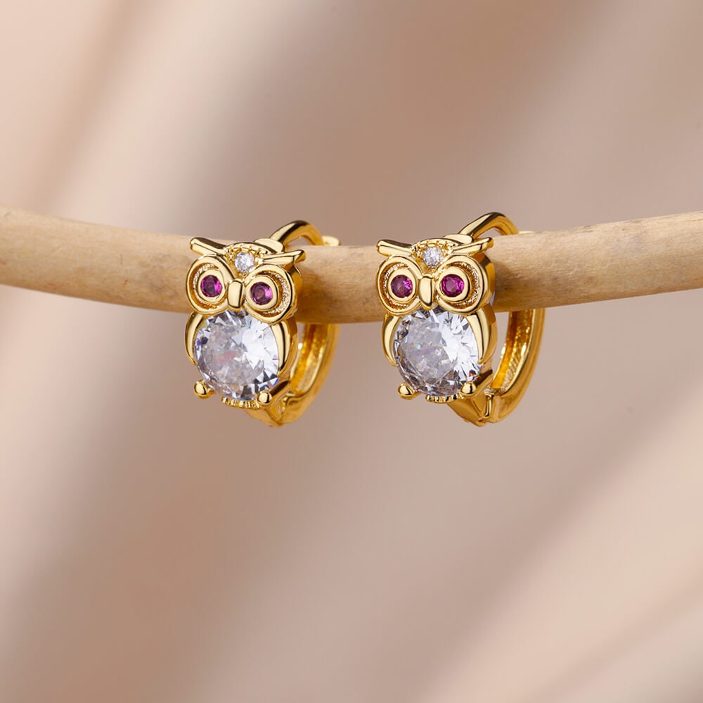 Owl Cubic Zirconia Stud Earrings, Wise Owl Crystal Hoop Earrings, 18K Gold Earrings, Dainty Minimalist, Delicate Women, Gift for Her