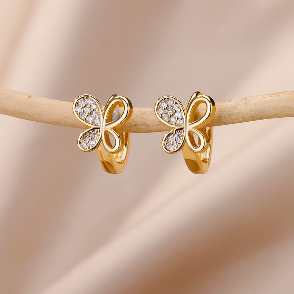 Butterfly Cubic Zirconia Stud Earrings, Butterfly Crystal Hoop Earrings, 18K Gold Earrings, Dainty Minimalist, Delicate Women, Gift for Her