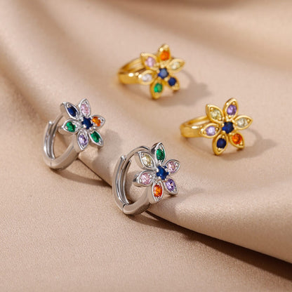 Lotus Flower Multicolor Cubic Zirconia Stud Earrings, Lotus Hoop Earrings, 18K Gold Earrings, Dainty Minimalist for Women, Gift for Her