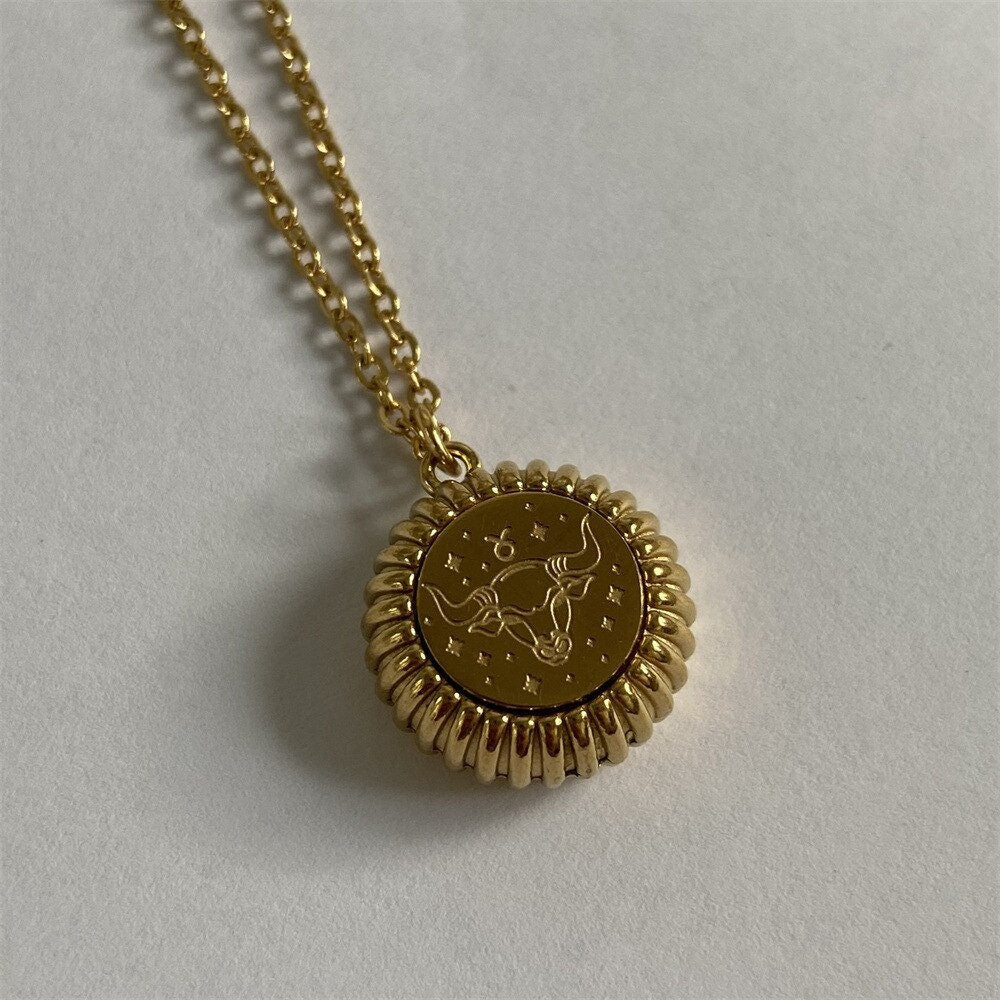 Gold Zodiac Necklace, Round Horoscope Pendant, 18K Gold Necklace, Dainty Minimalist Jewelry, Boho Delicate Handmade for Women, Gift for Her