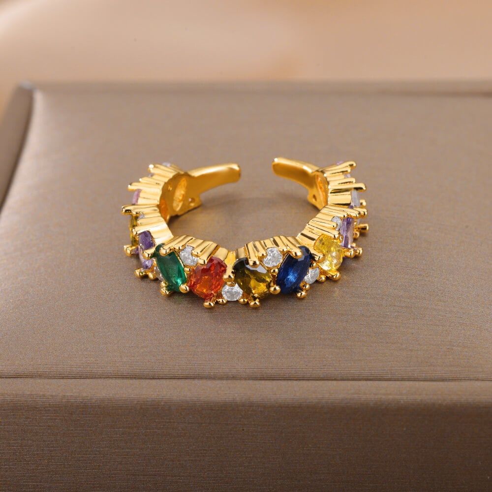 Multicolor Crystal Ring, Punk Crystal Geometric Ring, 18K Gold Stackable, Dainty Minimalist Jewelry, Boho Delicate for Women, Gift for Her