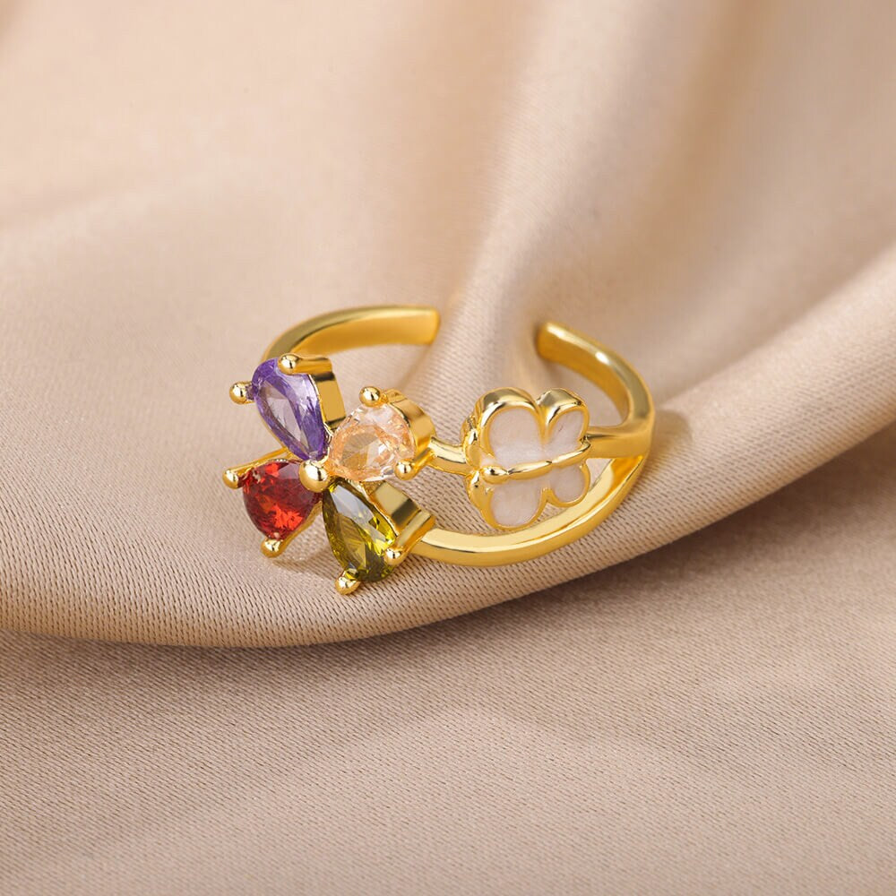 Multicolor Flower Crystal Ring, Punk Crystal Geometric Ring, 18K Gold, Dainty Minimalist Jewelry, Boho Delicate for Women, Gift for Her