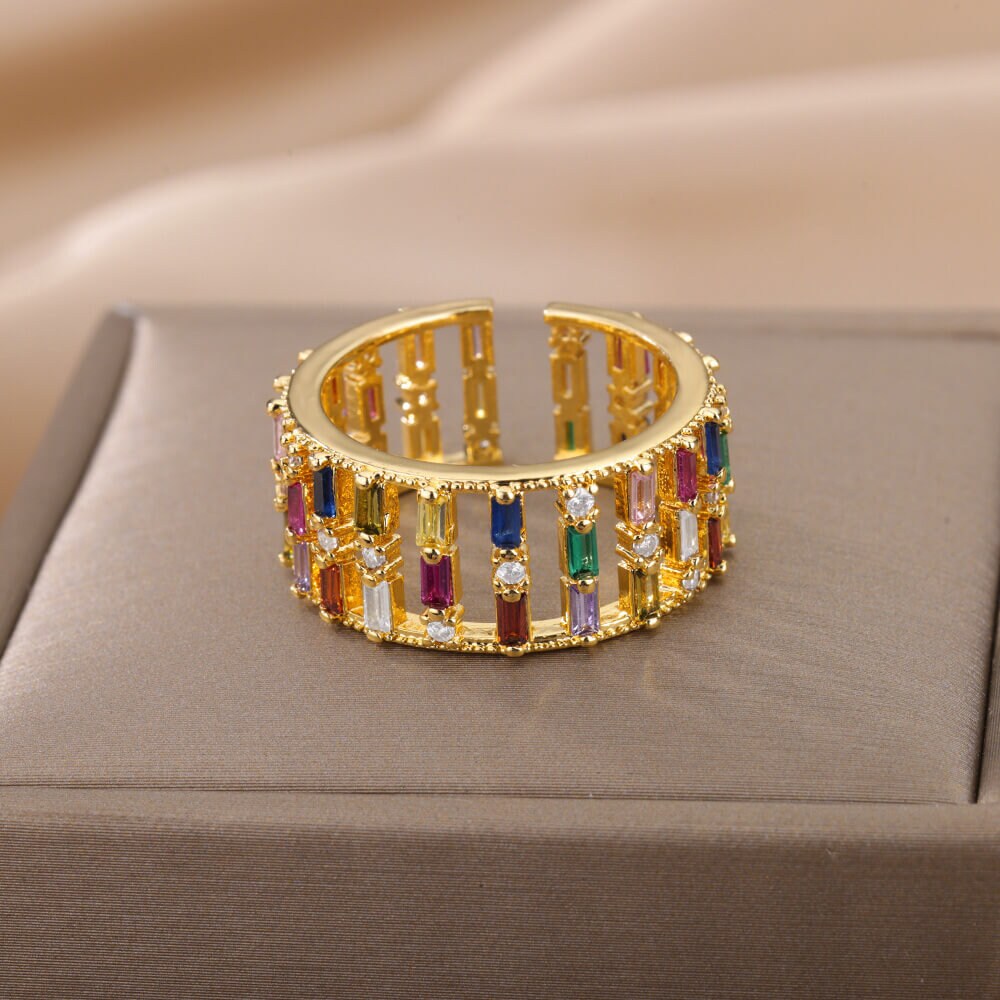 Multicolor Crystal Band Ring, Punk Crystal Geometric Ring, 18K Gold Stackable, Dainty Minimalist Jewelry, Delicate for Women, Gift for Her