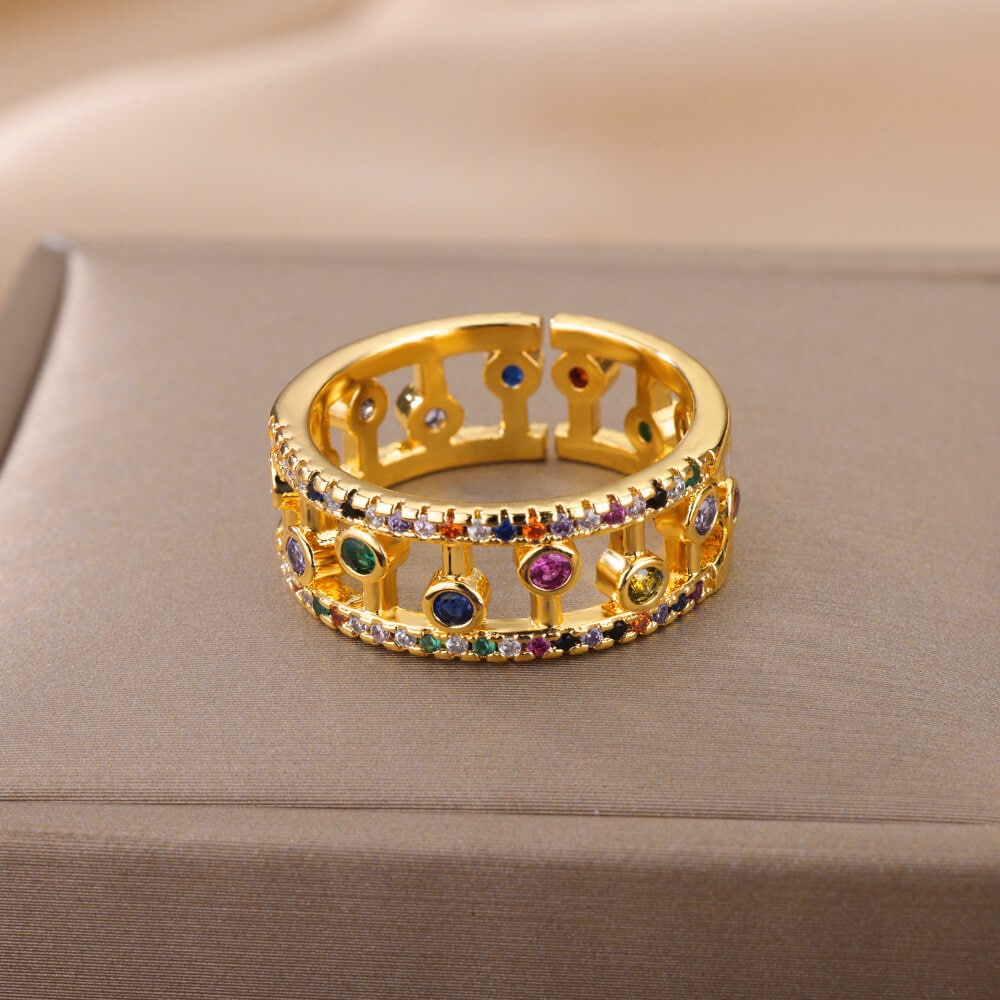 Multicolor Crystal Ring, Punk Crystal Geometric Band Ring, 18K Gold Stackable, Dainty Minimalist Jewelry, Delicate for Women, Gift for Her