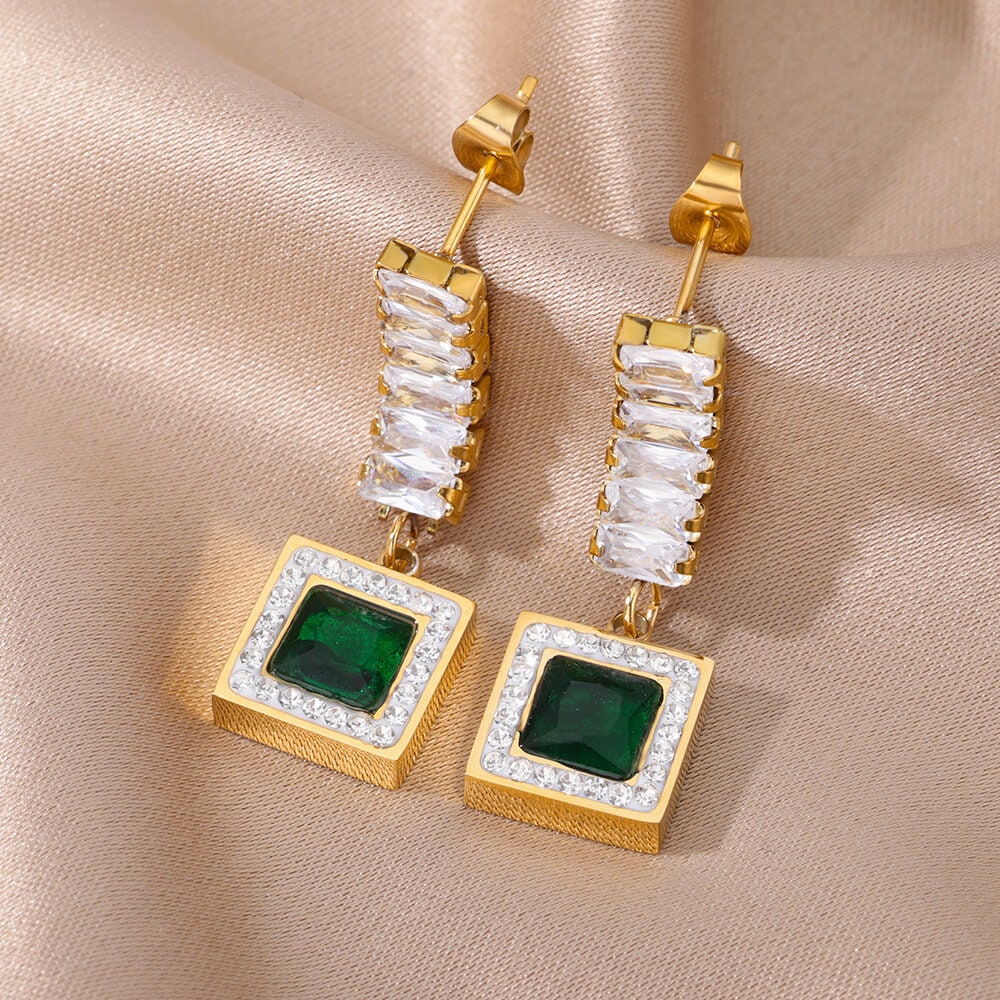 Cubic Zirconia Green Square Drop Earrings, 18K Gold Earrings, Dainty Minimalist Jewelry, Gift for Her