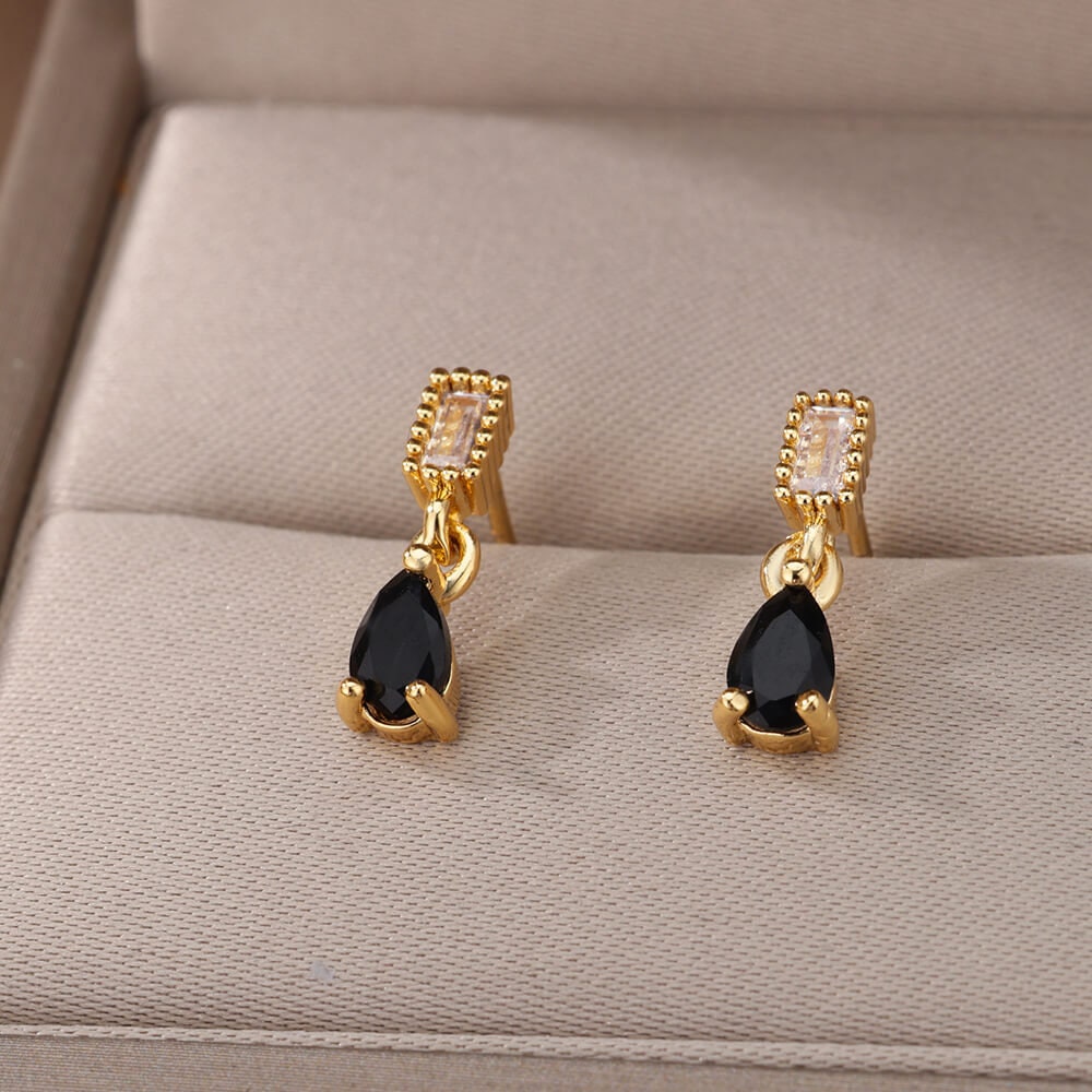 Black Raindrop Earrings, Cubic Zirconia Black Tear Drop Earrings, 18K Gold Earrings, Dainty Minimalist Jewelry, Gift for Her