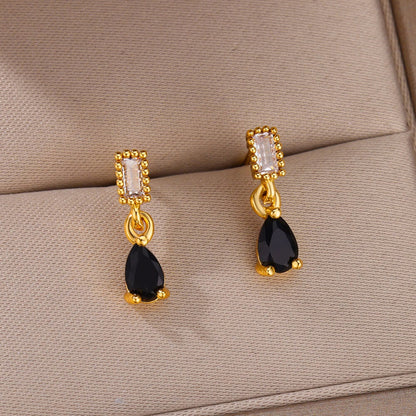 Black Raindrop Earrings, Cubic Zirconia Black Tear Drop Earrings, 18K Gold Earrings, Dainty Minimalist Jewelry, Gift for Her