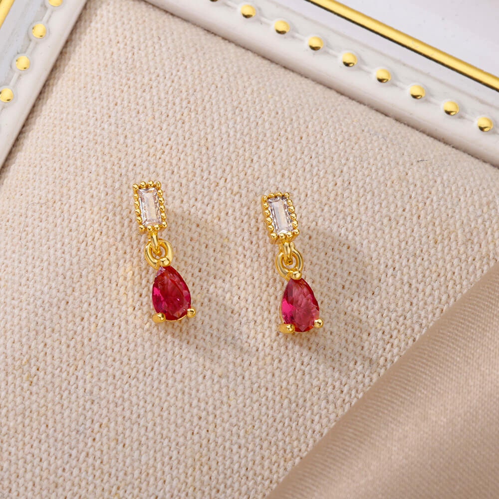 Rose Red Raindrop Earrings, Cubic Zirconia Rose Tear Drop Earrings, 18K Gold Earrings, Dainty Minimalist Jewelry, Gift for Her