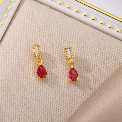 Rose Red Raindrop Earrings, Cubic Zirconia Rose Tear Drop Earrings, 18K Gold Earrings, Dainty Minimalist Jewelry, Gift for Her
