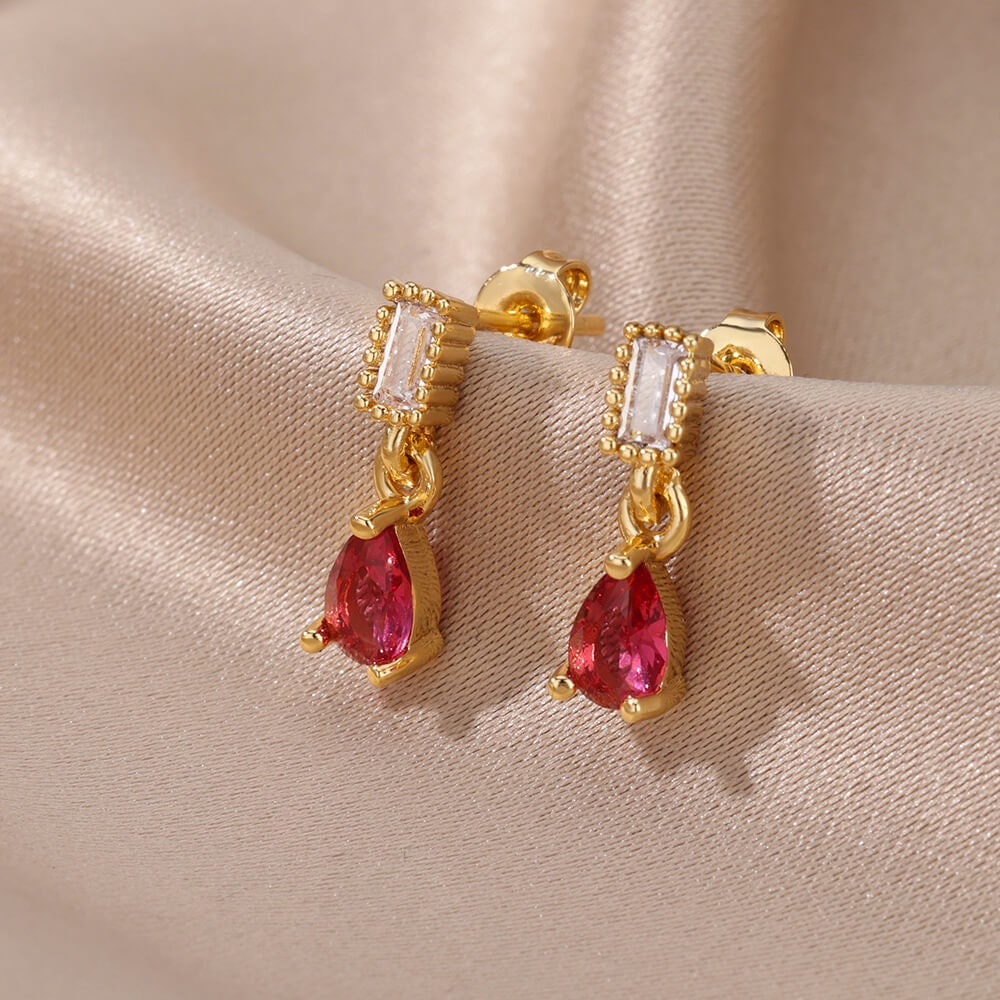 Rose Red Raindrop Earrings, Cubic Zirconia Rose Tear Drop Earrings, 18K Gold Earrings, Dainty Minimalist Jewelry, Gift for Her