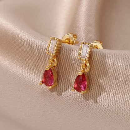 Rose Red Raindrop Earrings, Cubic Zirconia Rose Tear Drop Earrings, 18K Gold Earrings, Dainty Minimalist Jewelry, Gift for Her