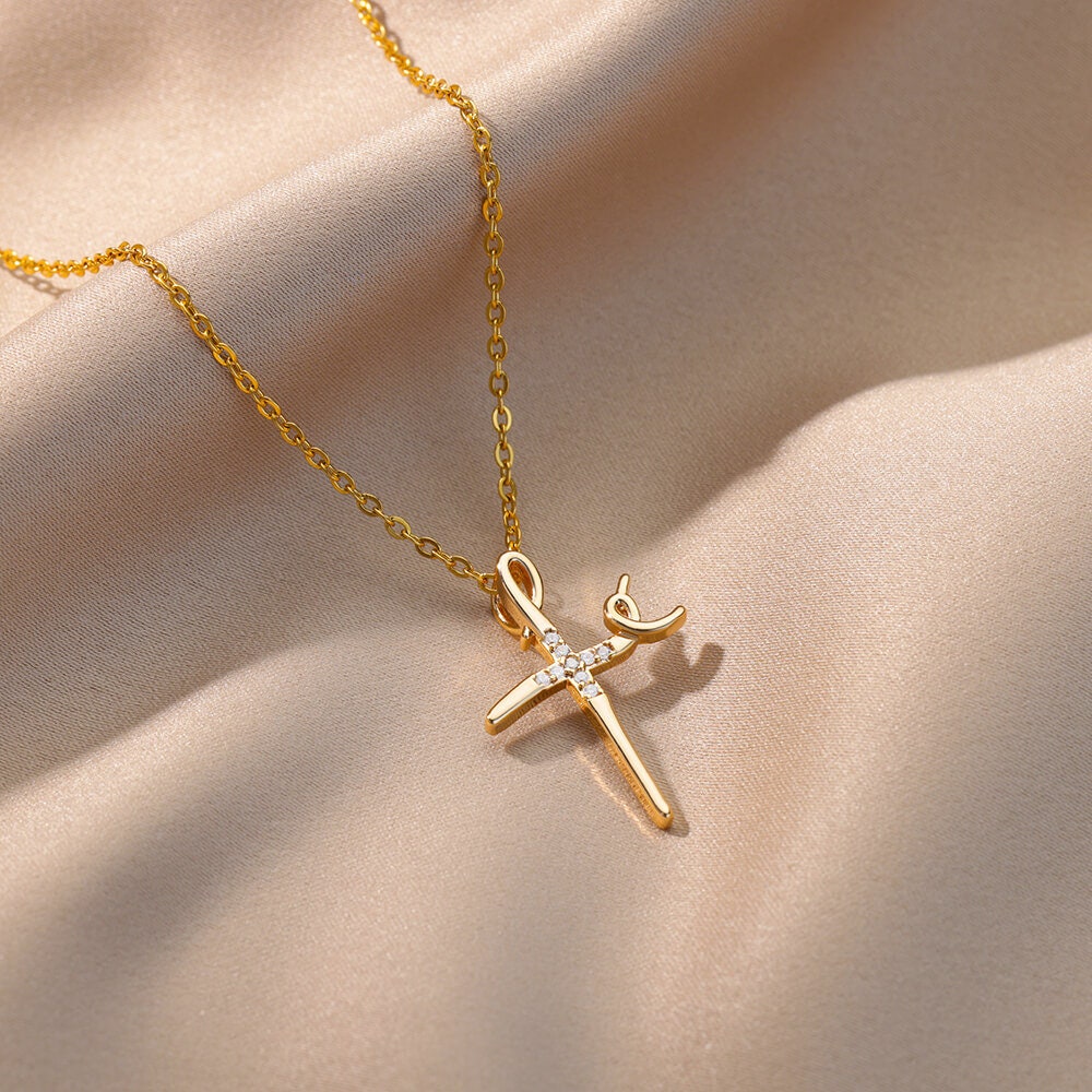 Gold Dainty Cross Necklace, 18K Gold Jesus Cubic Zirconia Pendant, Christian Cross, Religious Catholic Minimalist for Women, Gift for Her