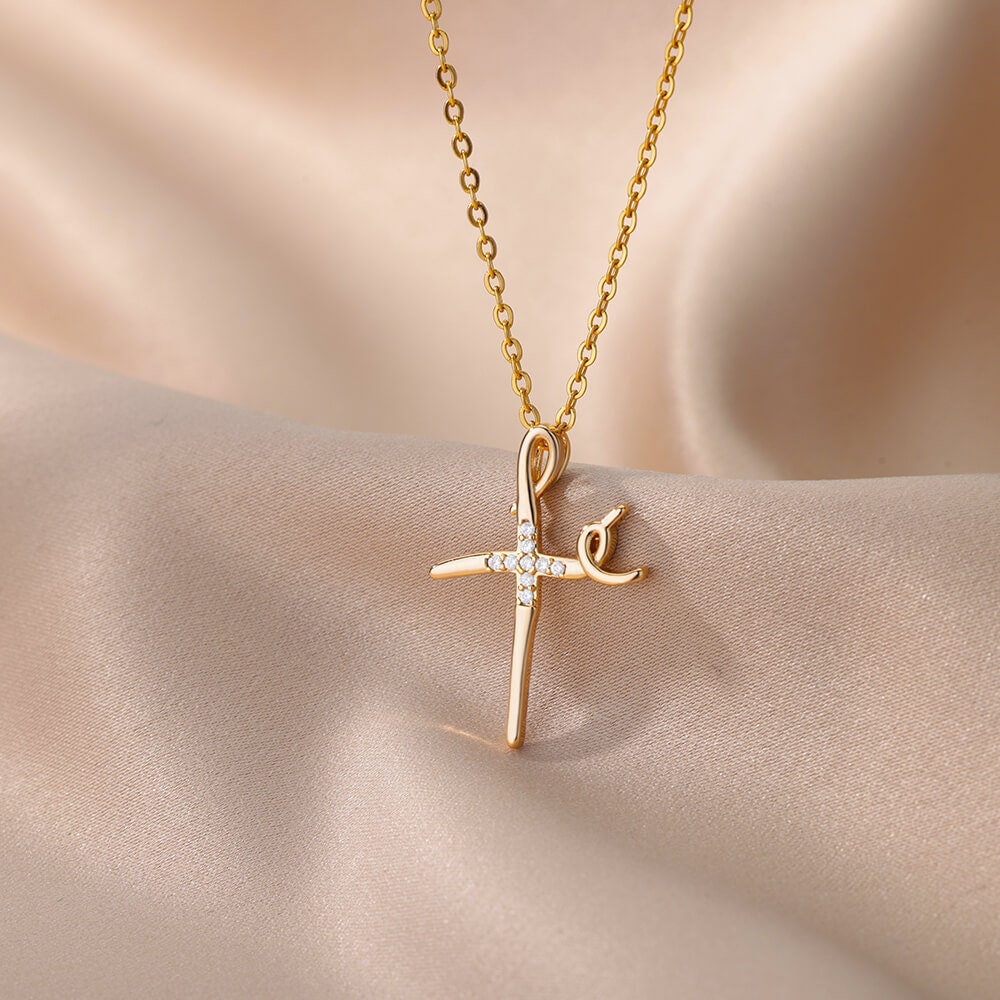 Gold Dainty Cross Necklace, 18K Gold Jesus Cubic Zirconia Pendant, Christian Cross, Religious Catholic Minimalist for Women, Gift for Her