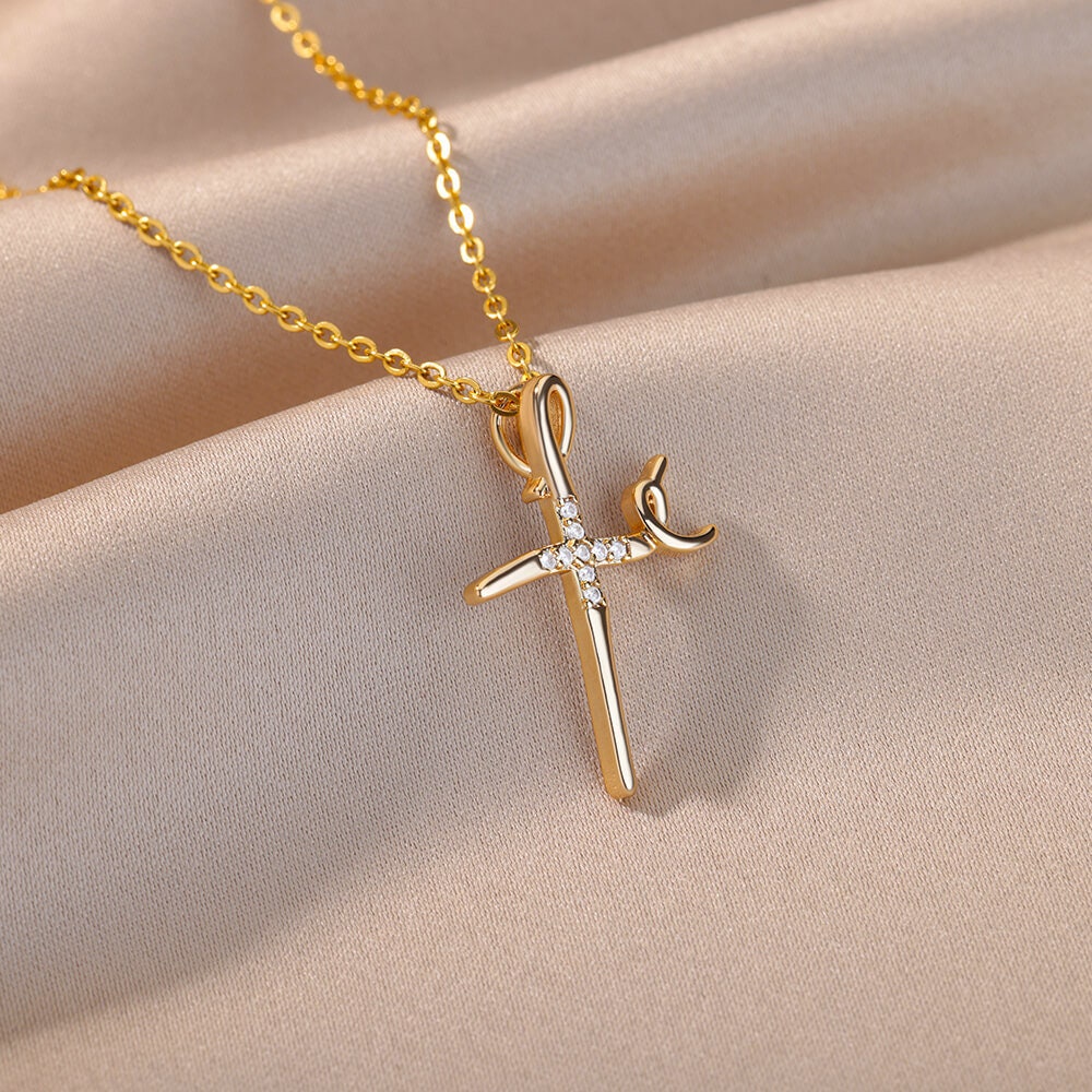 Gold Dainty Cross Necklace, 18K Gold Jesus Cubic Zirconia Pendant, Christian Cross, Religious Catholic Minimalist for Women, Gift for Her