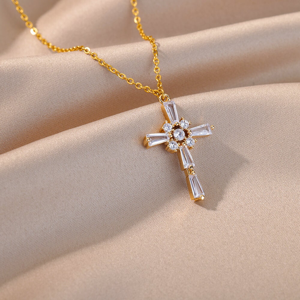 Gold Jesus Cross Necklace, 18K Gold Jesus Cubic Zirconia Pendant, Christian Cross, Religious Catholic Minimalist for Women, Gift for Her