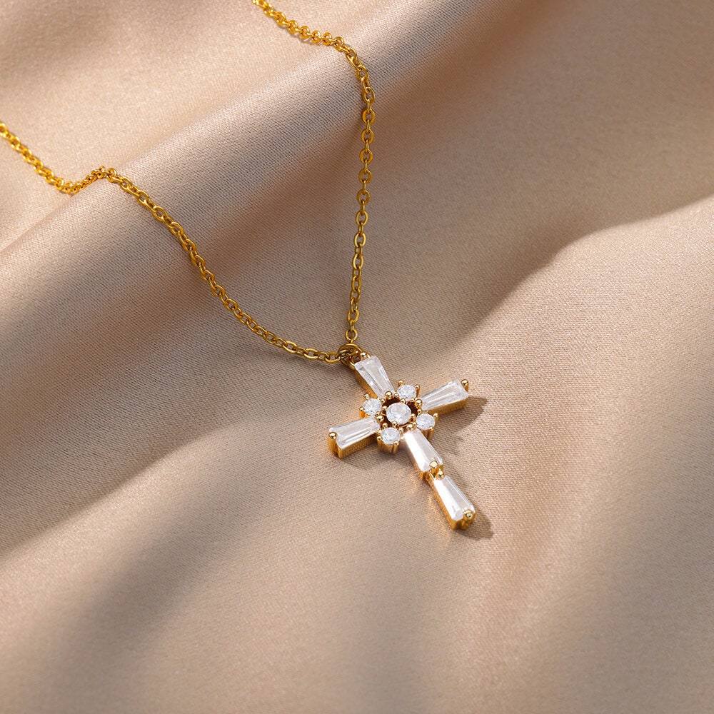 Gold Jesus Cross Necklace, 18K Gold Jesus Cubic Zirconia Pendant, Christian Cross, Religious Catholic Minimalist for Women, Gift for Her