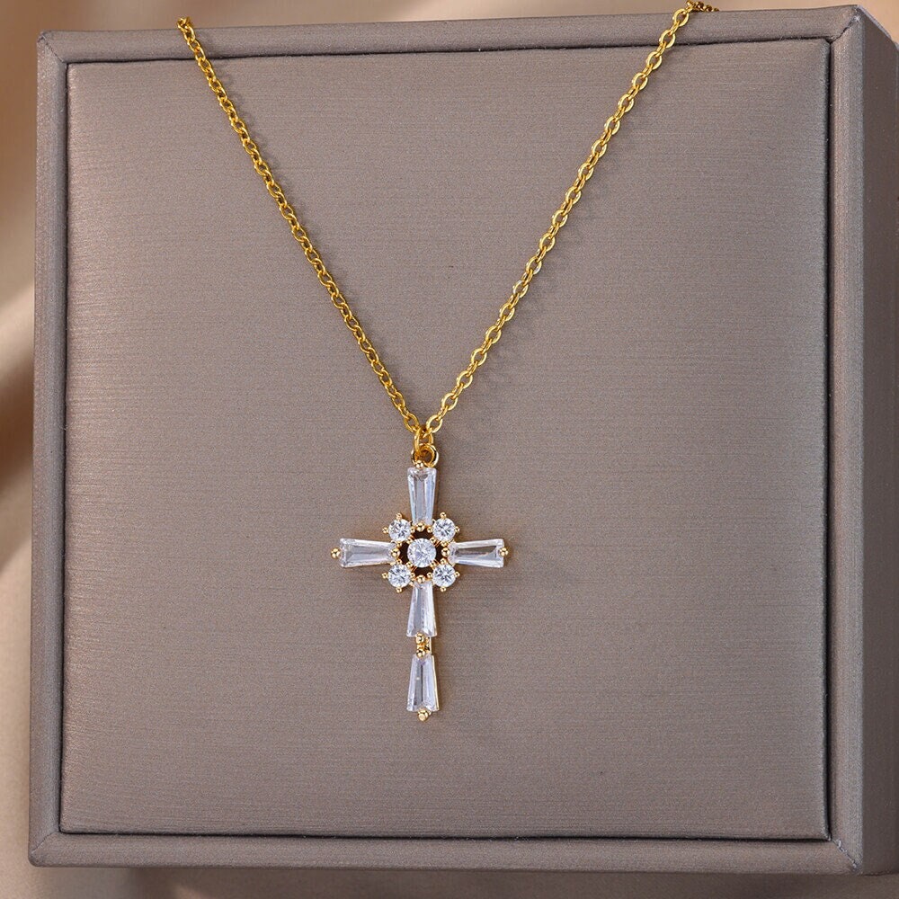 Gold Jesus Cross Necklace, 18K Gold Jesus Cubic Zirconia Pendant, Christian Cross, Religious Catholic Minimalist for Women, Gift for Her