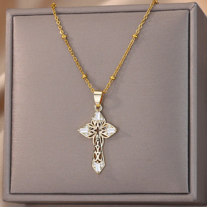 Gold Catholic Cross Necklace, 18K Gold Jesus Cubic Zirconia Pendant, Christian Cross, Religious Gothic for Women, Gift for Her