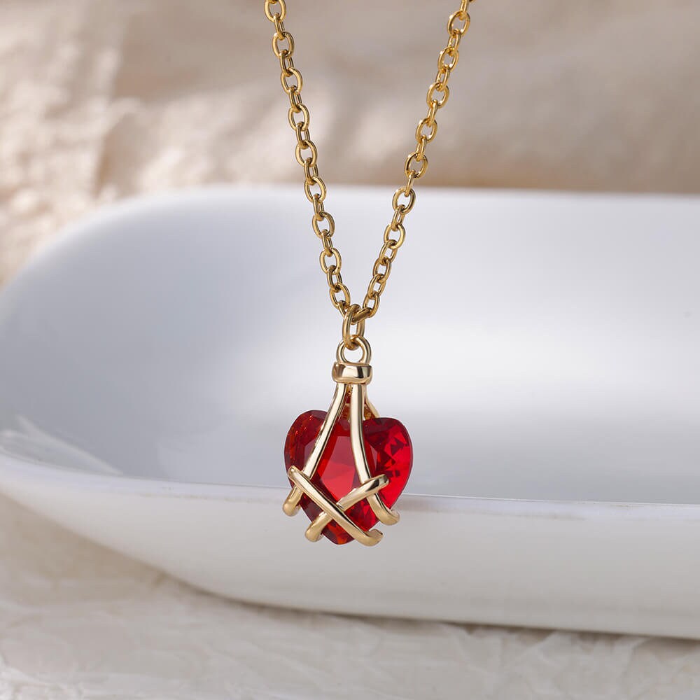 Gold Cubic Zirconia Red Heart Pendant, 18K Gold Heart Necklace, Dainty Minimalist Jewelry, Delicate for Women, Gift for Her