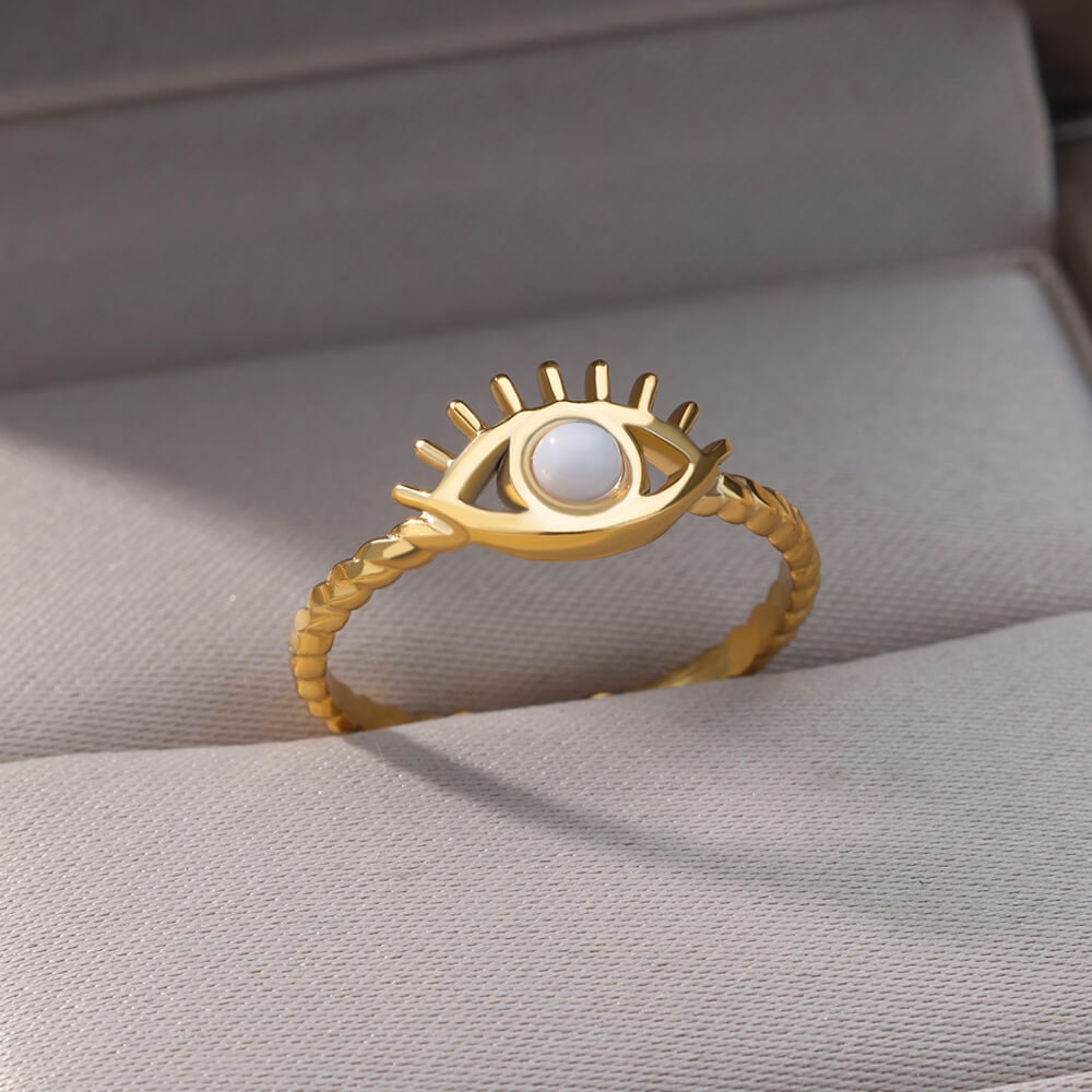 Evil Eye Ring, 18K Gold Evil Eye Ring, Evil Eye White Moonstone Ring, Gothic Delicate Minimalist Ring for Women, Punk Handmade, Gift for Her