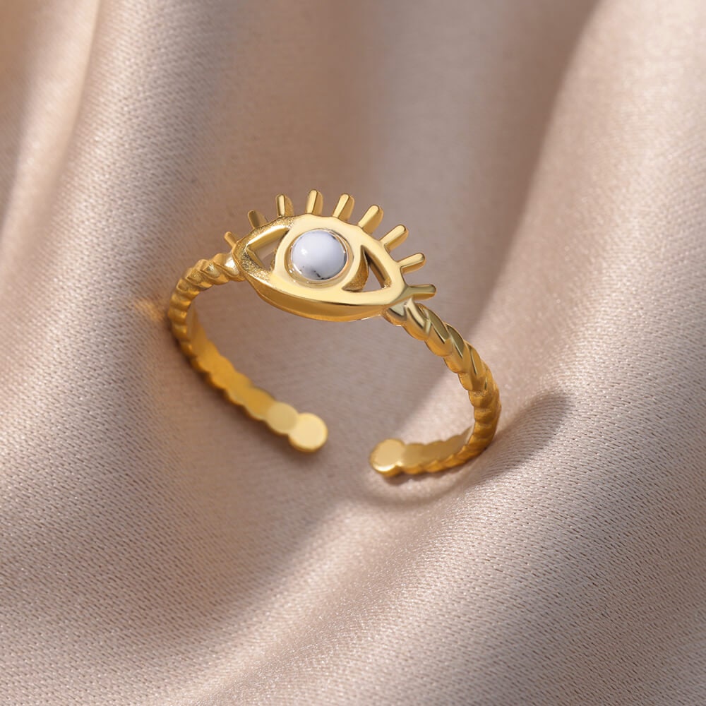 Evil Eye Ring, 18K Gold Evil Eye Ring, Evil Eye White Moonstone Ring, Gothic Delicate Minimalist Ring for Women, Punk Handmade, Gift for Her