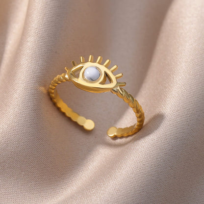 Evil Eye Ring, 18K Gold Evil Eye Ring, Evil Eye White Moonstone Ring, Gothic Delicate Minimalist Ring for Women, Punk Handmade, Gift for Her